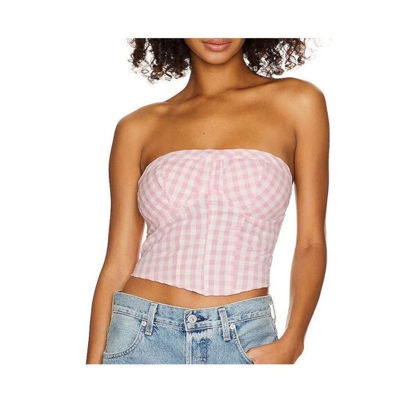 Free People OB1732606 Women's Sz Large Pink Leilani Gingham Tube Top - Picture 6 of 7